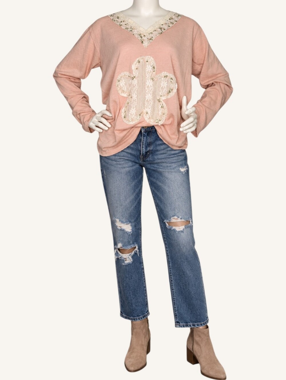 POL Mauve Lace Cactus Applique Boho Fall Long Sleeve Top Medium NWOT